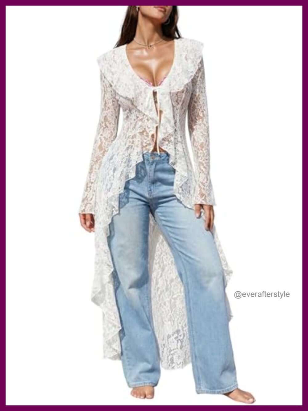Lace Cardigan Floral Mesh Sheer Bell Sleeve Ruffled Tie Front Maxi Women